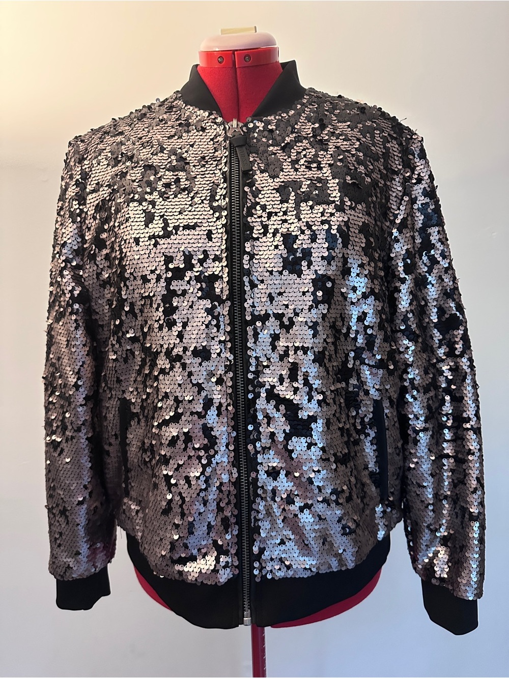 Guess Silver and Black Sequin Bomber Jacket
